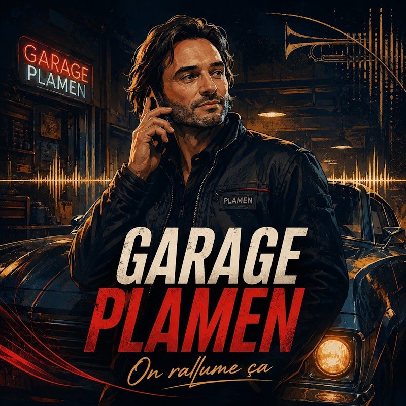 Affiche Garage Plamen: Plamen au telephone, enseigne neon et slogan On rallume ca.