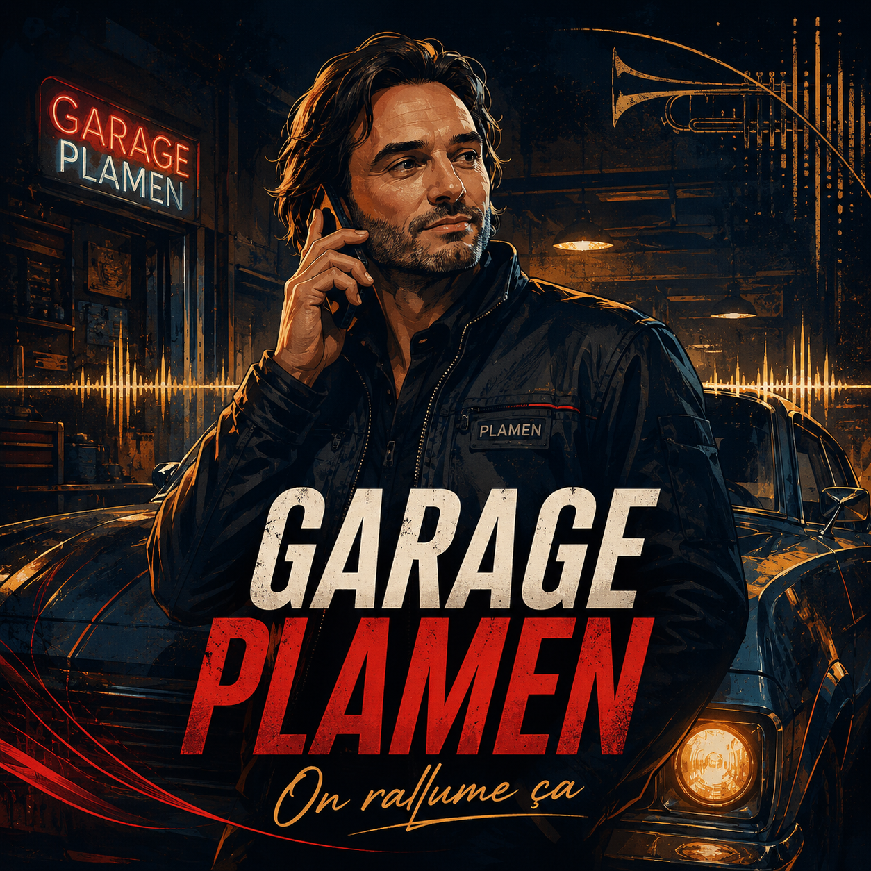 Garage Plamen poster artwork with Plamen, neon garage sign and On rallume ca tagline.