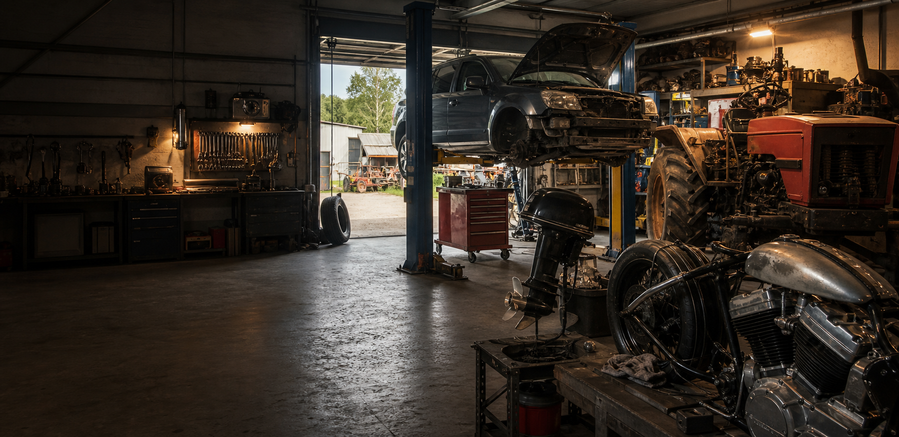Garage Plamen workshop atmosphere with cars, agricultural equipment, boat motor work and vintage motorcycle restoration.