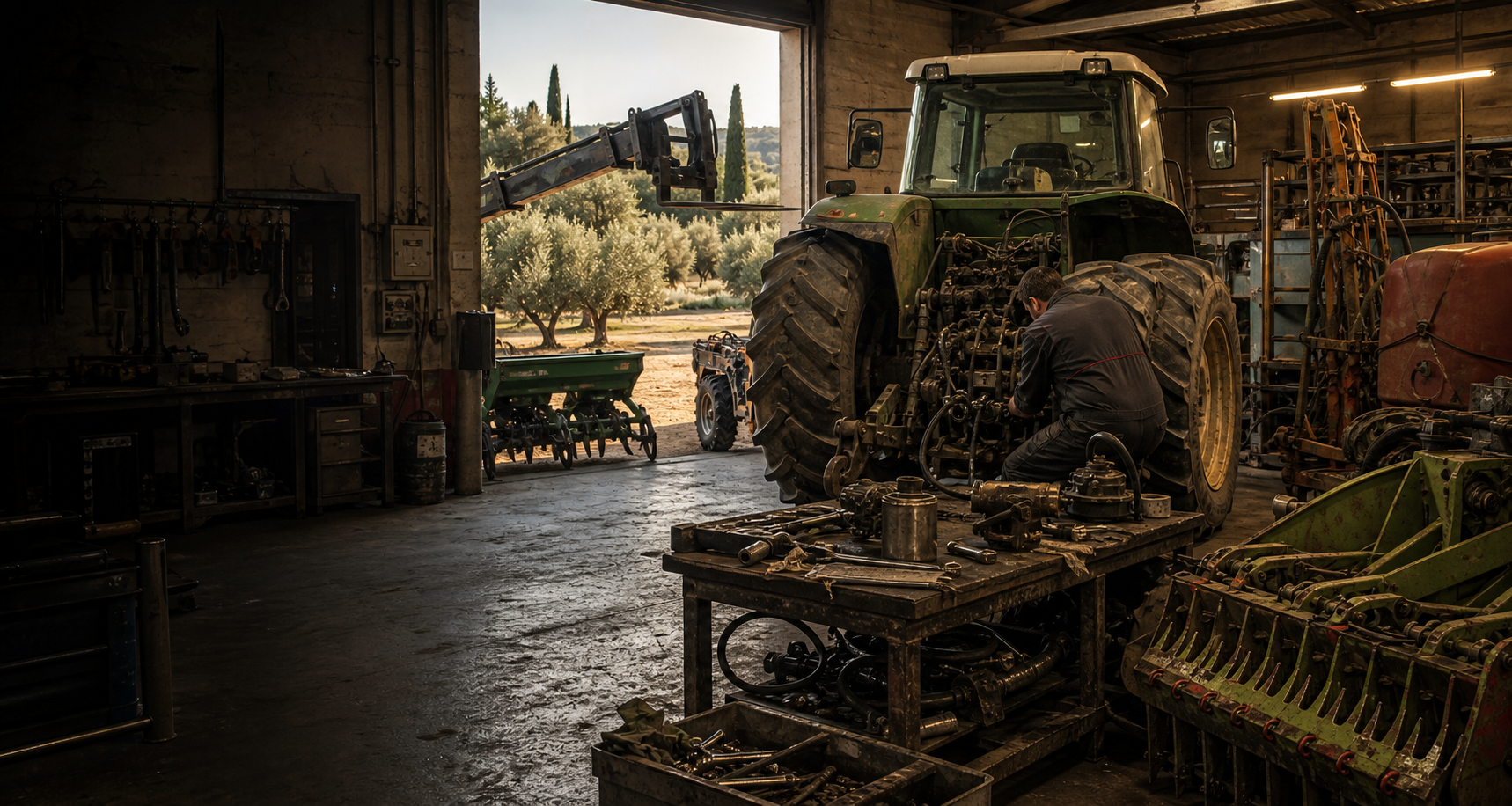 Materiel agricole en reparation dans un atelier rural.