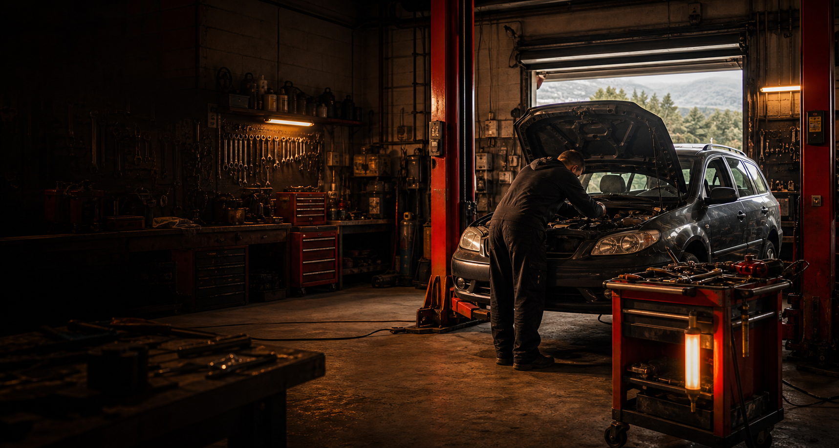 Voiture en reparation dans un garage independant.