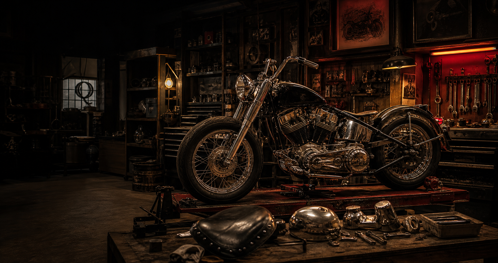 Moto vintage en restauration dans un atelier sombre et chaleureux.